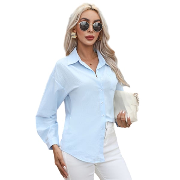 Enfärgad casual bomullsskjorta för kvinnor Blue M