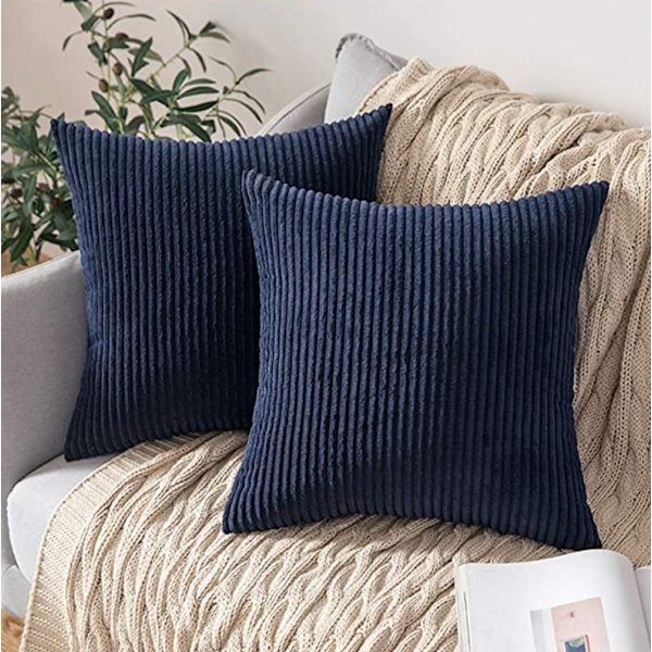 2 st Corduroy Kuddfodral, Solid & Randig Kuddeöverdrag (45*45cm) Dark Blue