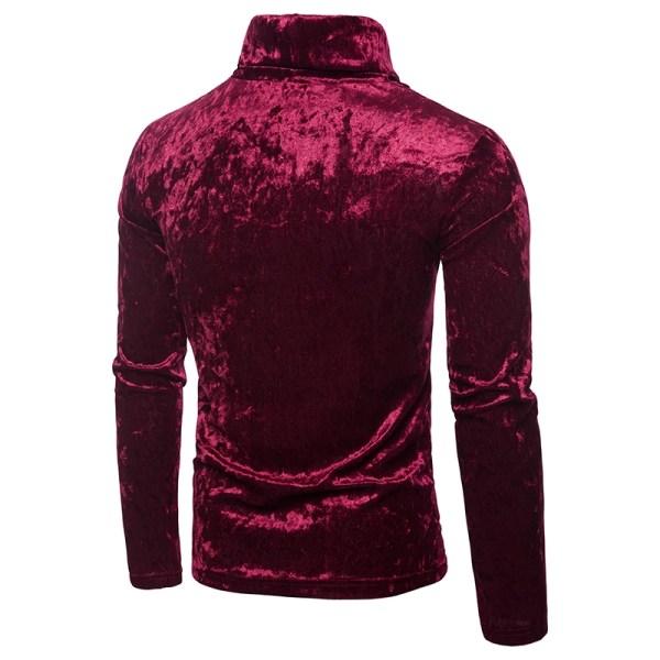 Herrar Sammet Långärmad Skjorta Turtleneck Slim Fit Topp Red M