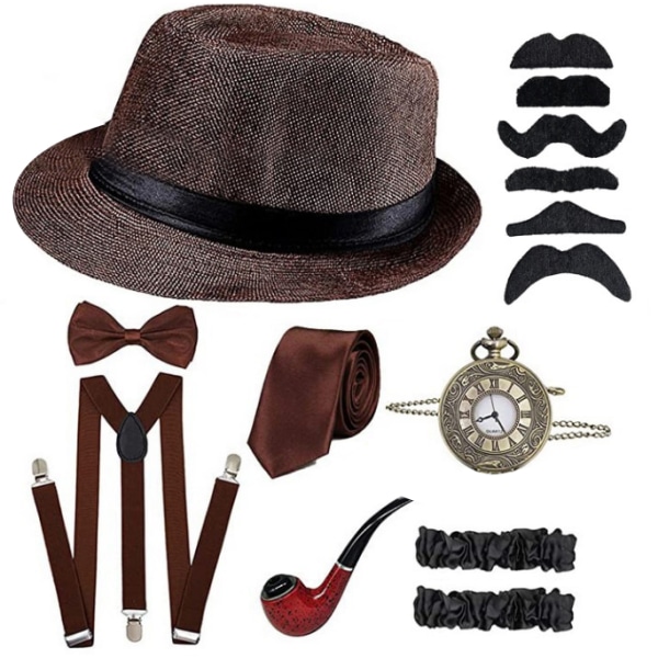 Herrtillbehör från 1920-talet Fedora Gangster Hat Kostym coffee