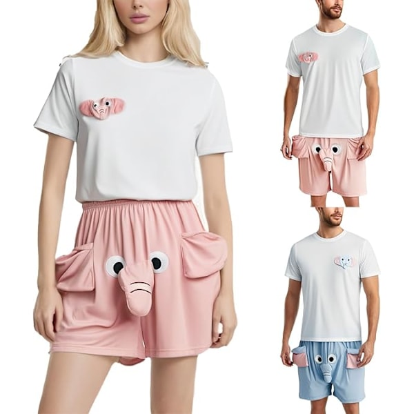 Unisex T-shirt och Shorts Set med Cartoon Elefant Mjukt Djursovkläder Pink L