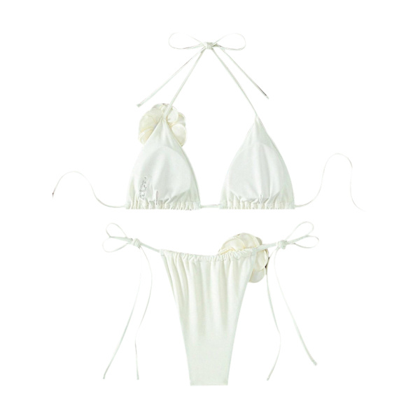Dam 2-delad 3D Ros Bikini Baddräkt Hög Midja Badkläder Strandkläder white M