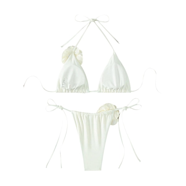 Damer 2-delad 3D Rose Bikini Baddräkt med hög midja Baddräkt Strandkläder white XL