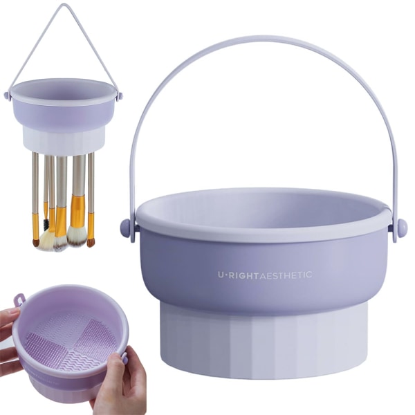 Makeup Brush Cleaner Bowl, 3 i 1 Makeup Brush Cleaner Mat & Borsttorkhållare Purple Drying Bowl