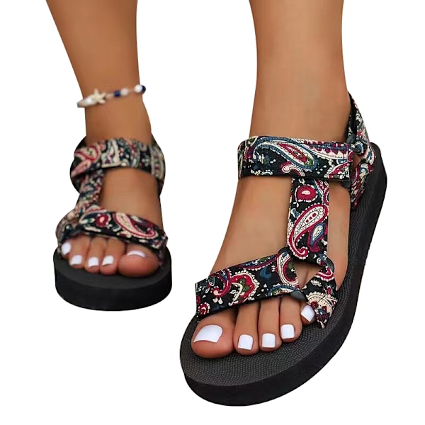 Sommar Sandaler med Platt Sula för Damer, Platform Låg Klack, Strand Sandaler Black 40
