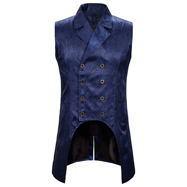 Herre Gothic Steampunk Dobbeltbrystet Jacquard Brokade Vest Veste Ærmeløs Frakke Navy Blue XL