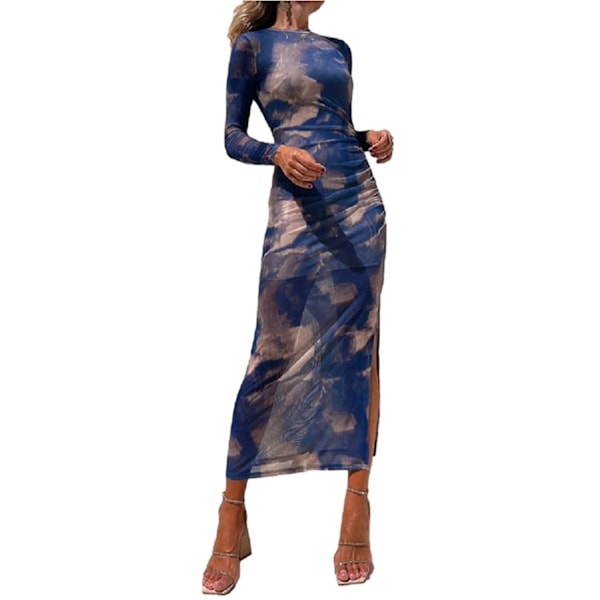 Sexy Langærmet Split Lang Kjole til Kvinder med Print Dark blue M