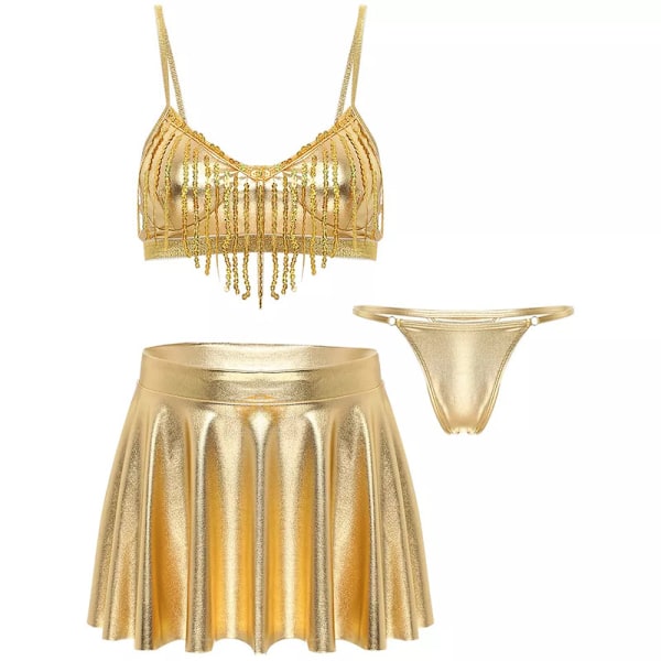 Rave-Outfit til Kvinder med Pailletter og Frynser Gold L