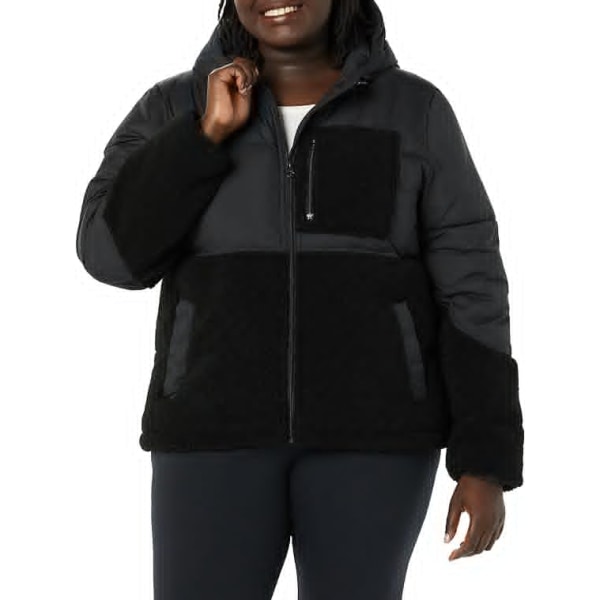 Vinterjakke til kvinder i sherpa-puffer med patchwork Black L