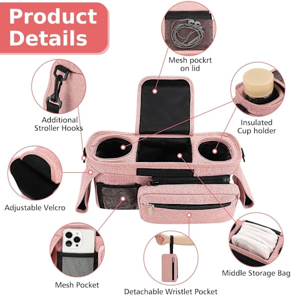 Universal Stroller Organizer med Isolerte Koppbærere og Avtakbar Telefonveske pink