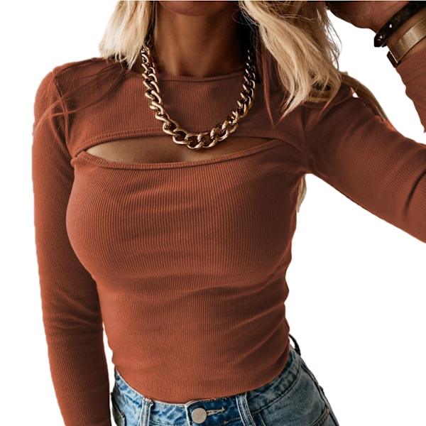 Naisten Avoin Rintaosa Pitkähihainen Seksikäs Rentoutunut T-paita BEIGE 2XL