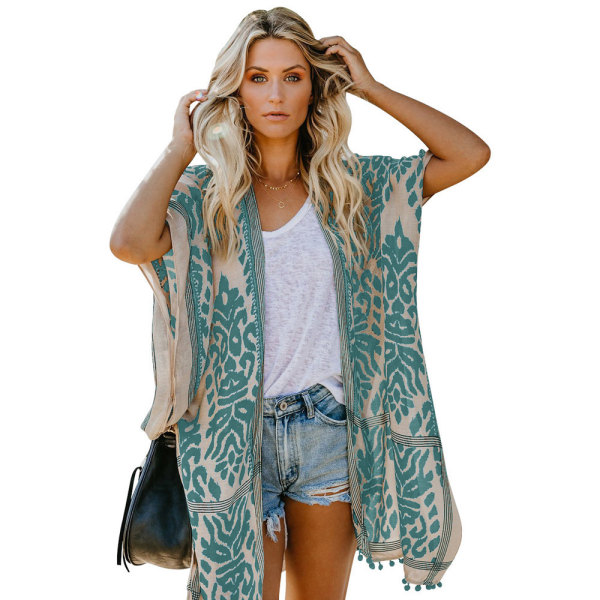 Dame Strand Hawaiian Ferie Lang Kimono Cardigan Badetøj Cover Ups green