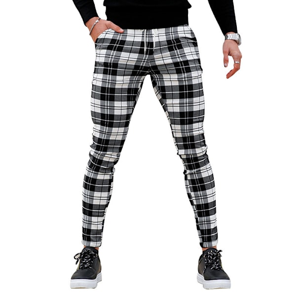 Mænds Chino Bukser Skinny Fit Plaid Stilfulde Casual Business Dress Bukser White 2XL