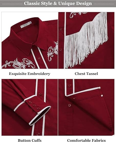 Långärmad herrskjorta med broderade fransar Red 2XL