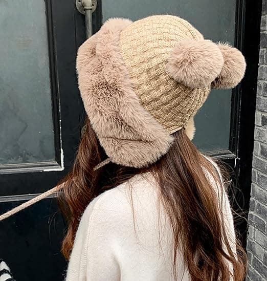 Vinterlue med fluffy strikk for kvinner Khaki
