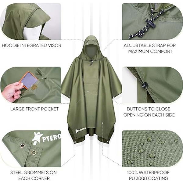 Hupullinen Sadetakki Aikuiseen Taskulla Green