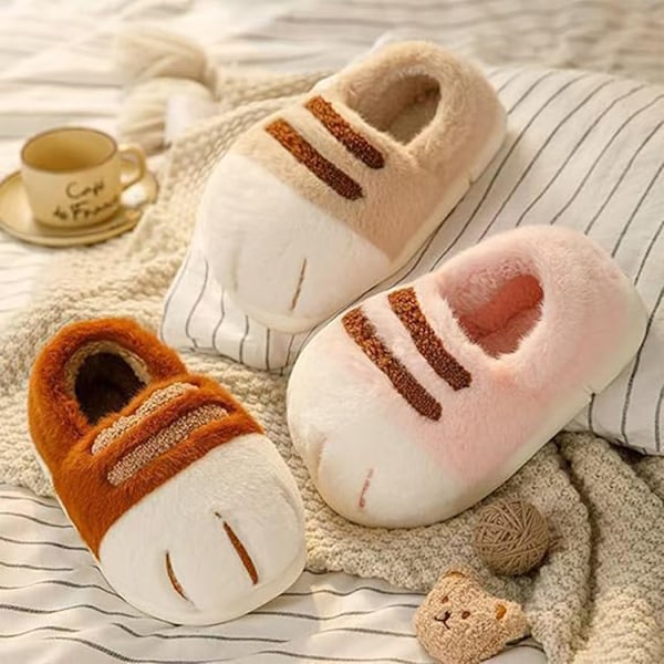 Damkatt Tofflor, 3D Katt Tass Cartoon Tofflor Khaki 38-39
