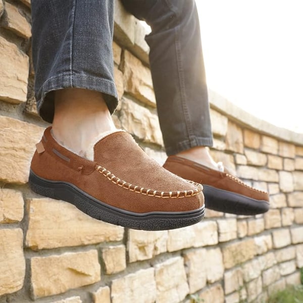 Mænds Slip On Moccasin Tøfler, Indendørs/Udendørs Varme Fuzzy Komfortable Husesko khaki 11-12