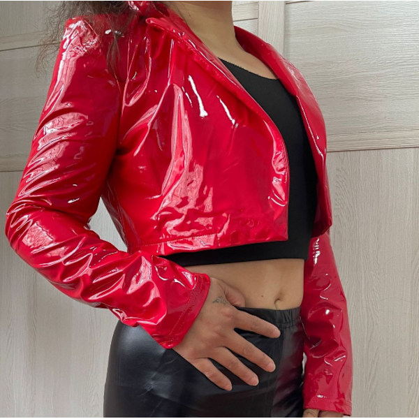 Naisten nahkatakki käännettävällä kauluksella, Punk Wet Look, pitkähihaiset takit red 2XL