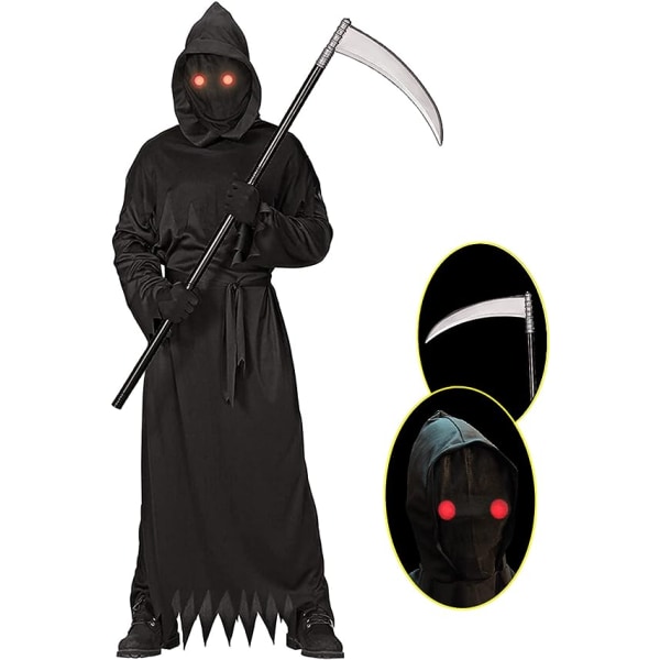 Grim Reaper Halloween Kostume med Glødende Røde Øjne L