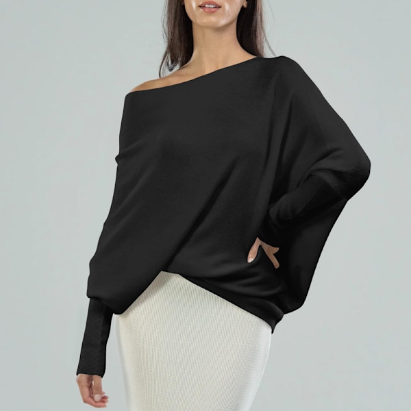 Damernas Batwing Överdimensionerade Tröjor Asymmetriska Off Shoulder Båthals Wrap Tunika Toppar Black M