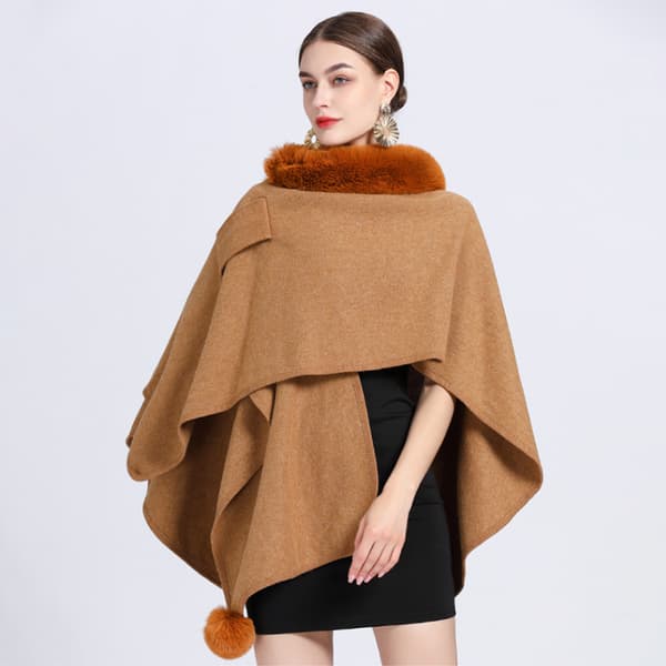Faux Fur Trim Cardigan Kappe Sjal til Efterår Vinter Camel