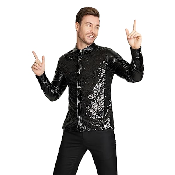 Menn Sequin Langarmet Skjorte Metallisk 69-talls Skjorte Knappeskjorte Black L