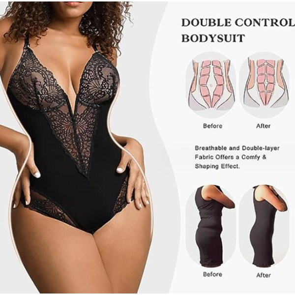 Lace Shapewear Body for Kvinner - Magekontroll Body Black 2XL