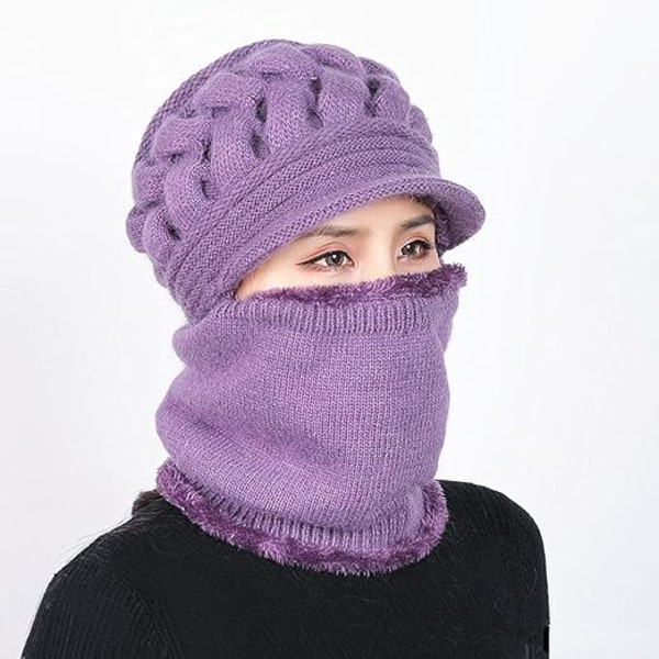 Fleeceforet Beanie-lue med Halsduk og Maske for Kvinner - Vinterlue Burgundy