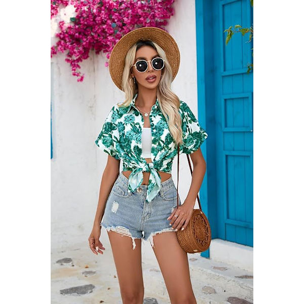 Hawaiskjorte for kvinner, kort erme Green M