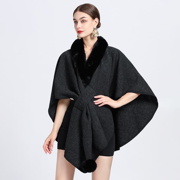 Faux Fur Trim Cardigan Kappe Sjal til Efterår Vinter Black