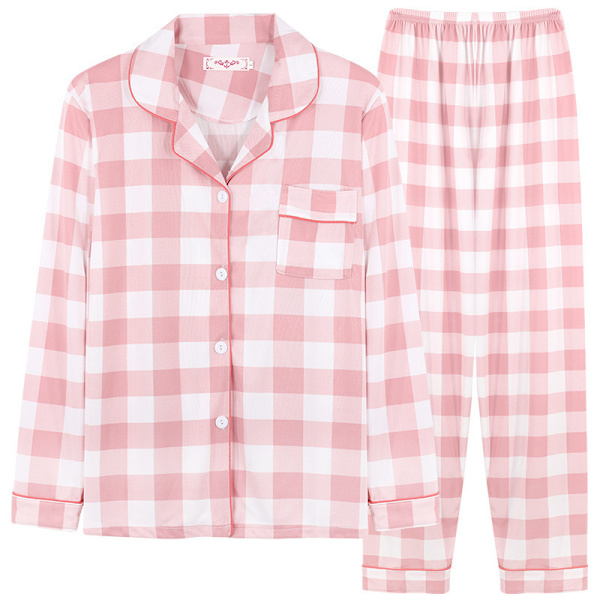 Mælkesilke Langærmet Dame Plaid Skjorte Pyjamas Pink M