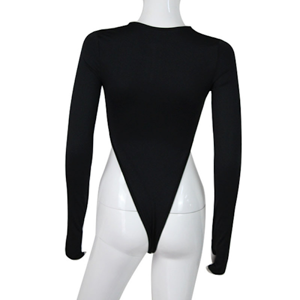 Kvindes Sexy V-hals Langærmet Ribbet Slankende Bodysuit med Lynlås M