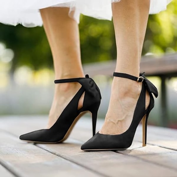Naisten Jousi Solki Takana Korkokengät Seksikäs Stiletto Nilkkaremmi Häämekko Kengät Black 38