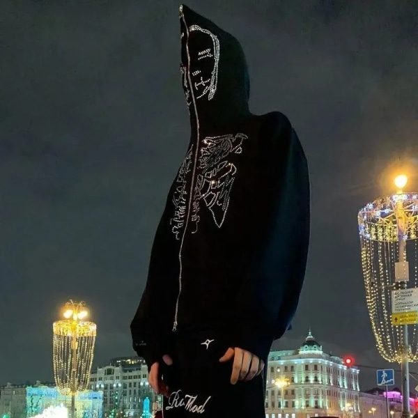 Y2k Skeleton Full Zip Up Hoodies Dam Herr Strass Skull Sweatshirt med grafiskt print style 1 L