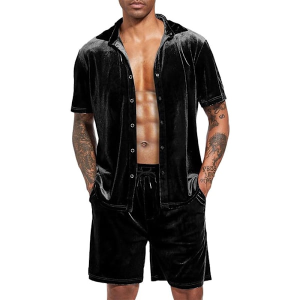 Miesten rento lyhyt setti sametti lyhythihainen napitettu paita 2 osainen asu urheiluasu Black 2XL