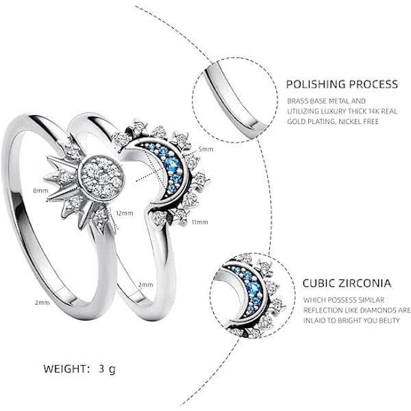 Celestial Sol och Måne Ringsats, Glittrande Solring/Blå Måne Ring Sliver 9