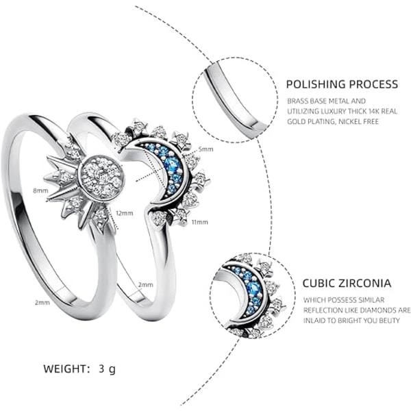 Celestial Sun and Moon Ring Set, gnistrande solring/blå månring Sliver 6