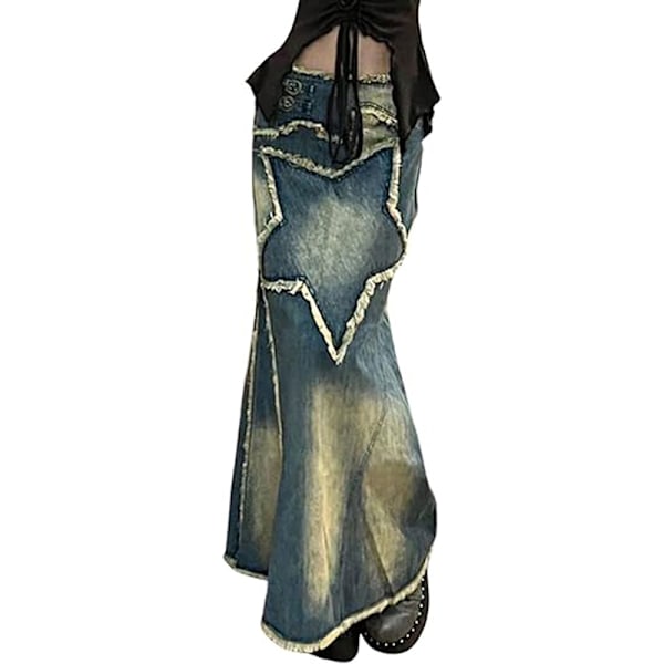 Kvinnor Trasig Fåll Denim Maxikjol Golvlång Lång Jeanskjol M