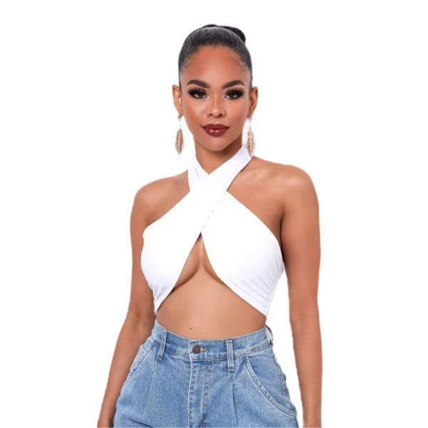 Sleeveless Cross Self Tie Backless Crop Top för kvinnor White
