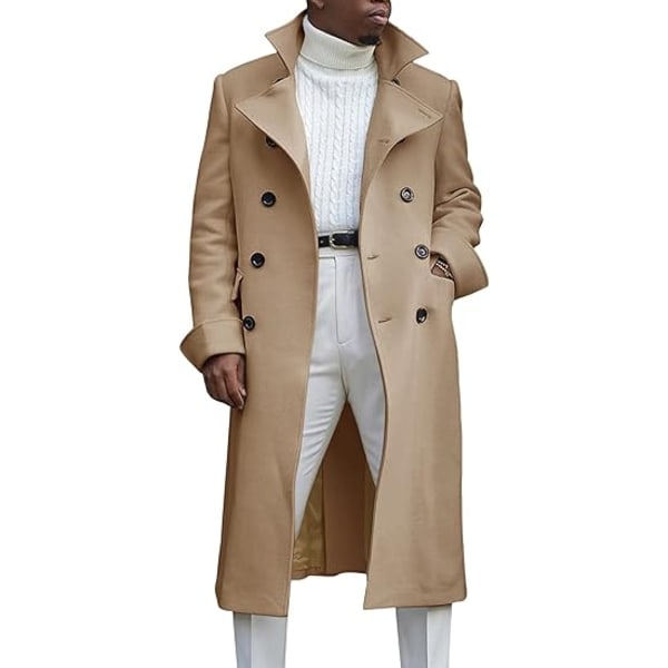 HERRER Dobbelbryst Lang Trenchcoat med Hakk i Krage - Avslappet Bomullsblend Peacoat Khaki 3XL