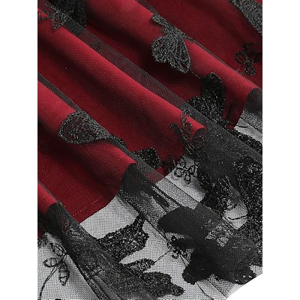 Naisten kukkakirjailtu hame vintage tyllihame Wine Red XL