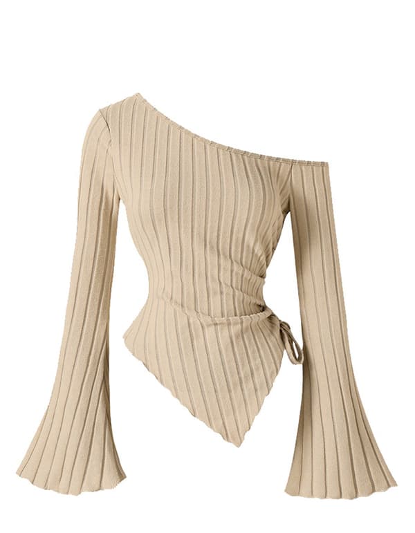 Långärmad topp för damer, off shoulder, asymmetrisk khaki M
