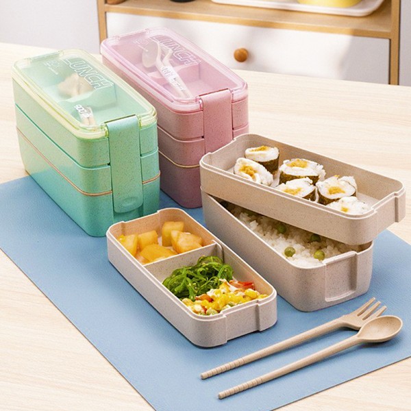 Bento Lunchbox för Vuxna, Stapelbar, 3-i-1 Fack green