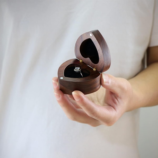 Træ Ringæske Hjerteformet Blød Indvendig Velvet Holder Smykke Organizer Brown