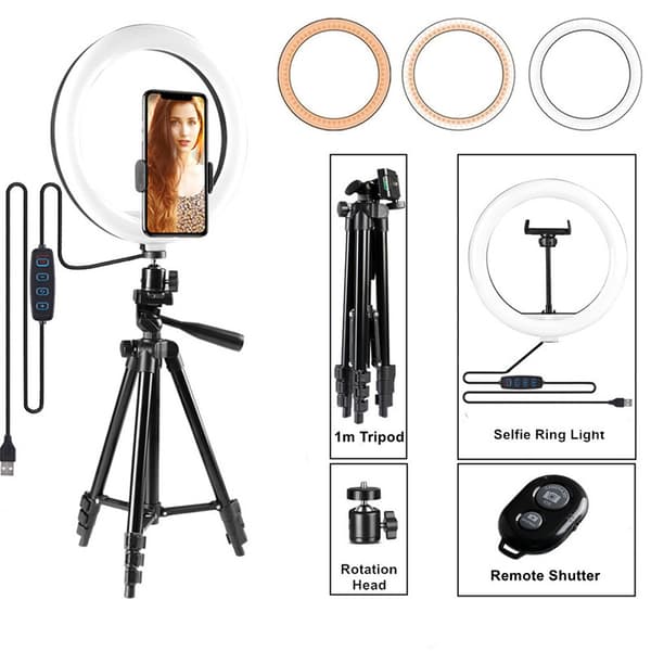 10'' Ringlys med Udtrækkelig Tripod Stativ, LED Cirkellys BLACK