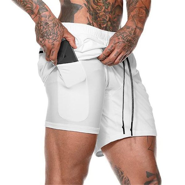 Herr 2 i 1 löparshorts andningsbara aktiva gym träningshorts White M