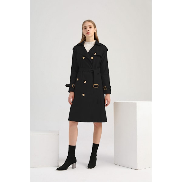 Kvinnors Trenchcoat Lång Dubbelknäppt Höstmode Klassisk Krage Slank Överrock Black M