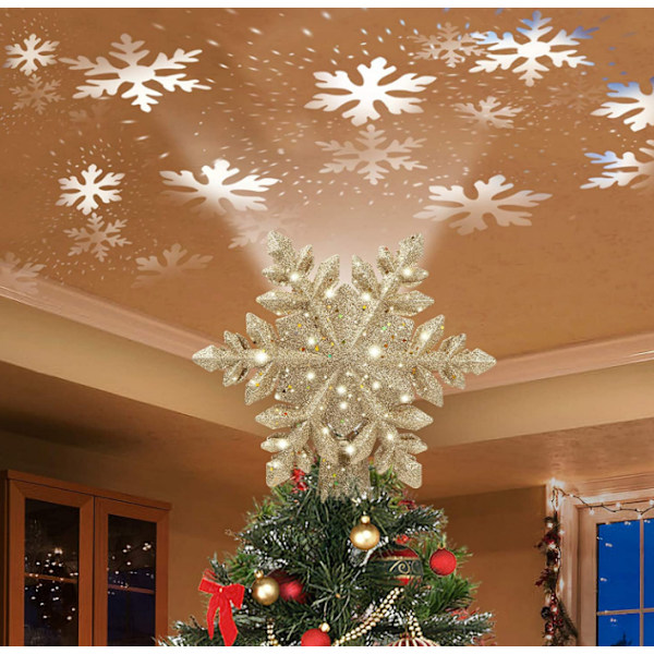 3D Hollow Glitter Lighted Gold Snow Tree Topper Gold Snowflake