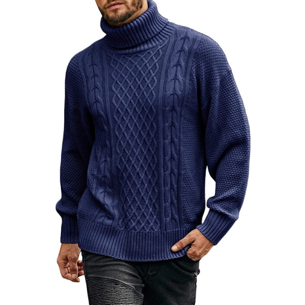 Mænds Højhalset Trøje Kabelstrikket Vintertrøjer Dark Blue XL